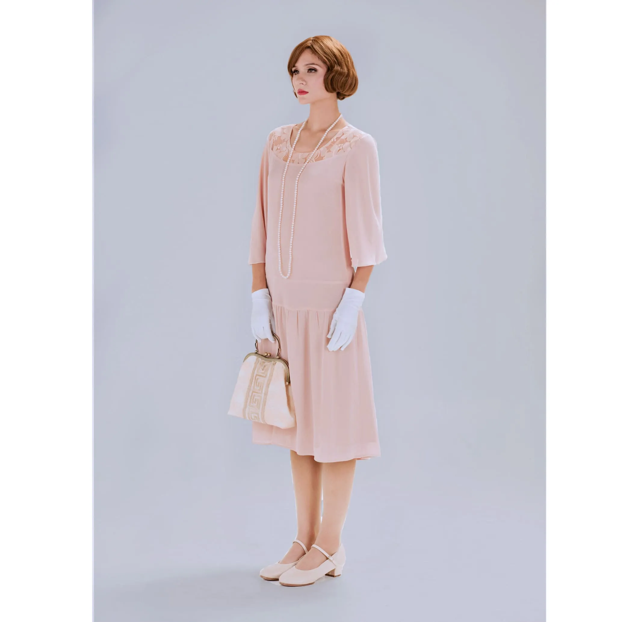 1920s Great Gatsby dress in nude with elbow length sleeves