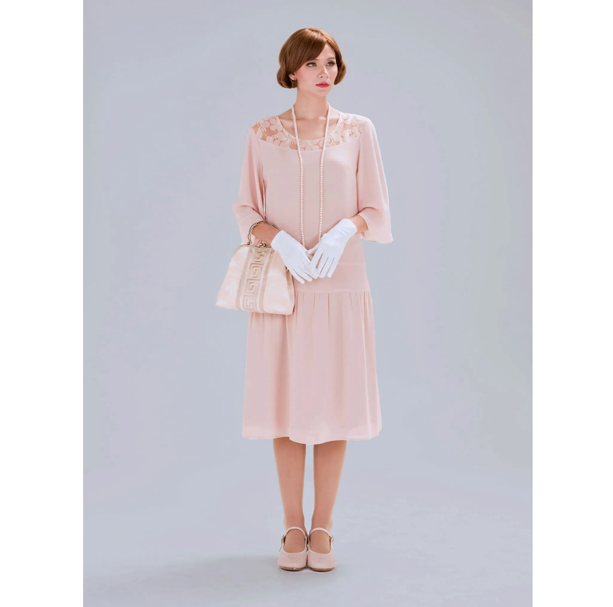 1920s Great Gatsby dress in nude with elbow length sleeves