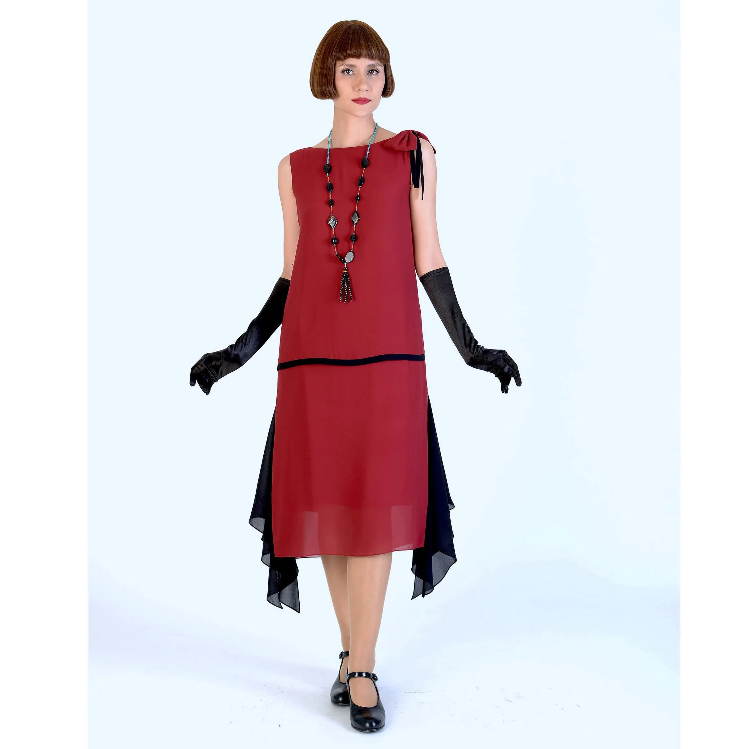 1920s party dress in maroon red chiffon with black details