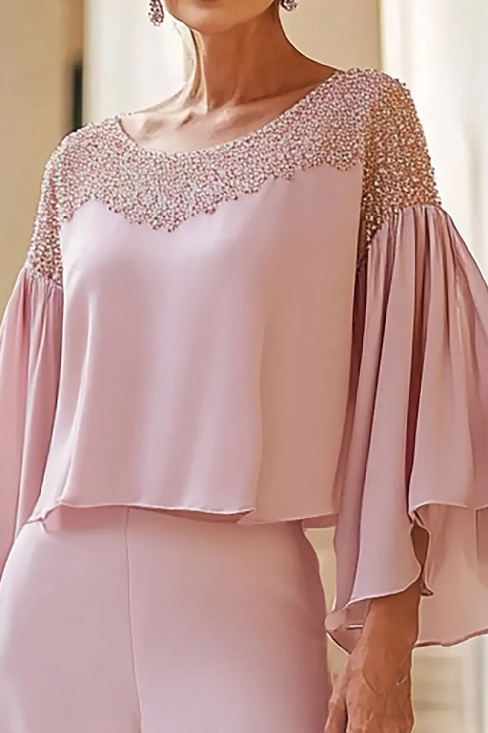 2 Piece Chiffon Flutter Sleeves Pink Beaded Mother of the Bride Pantsuit