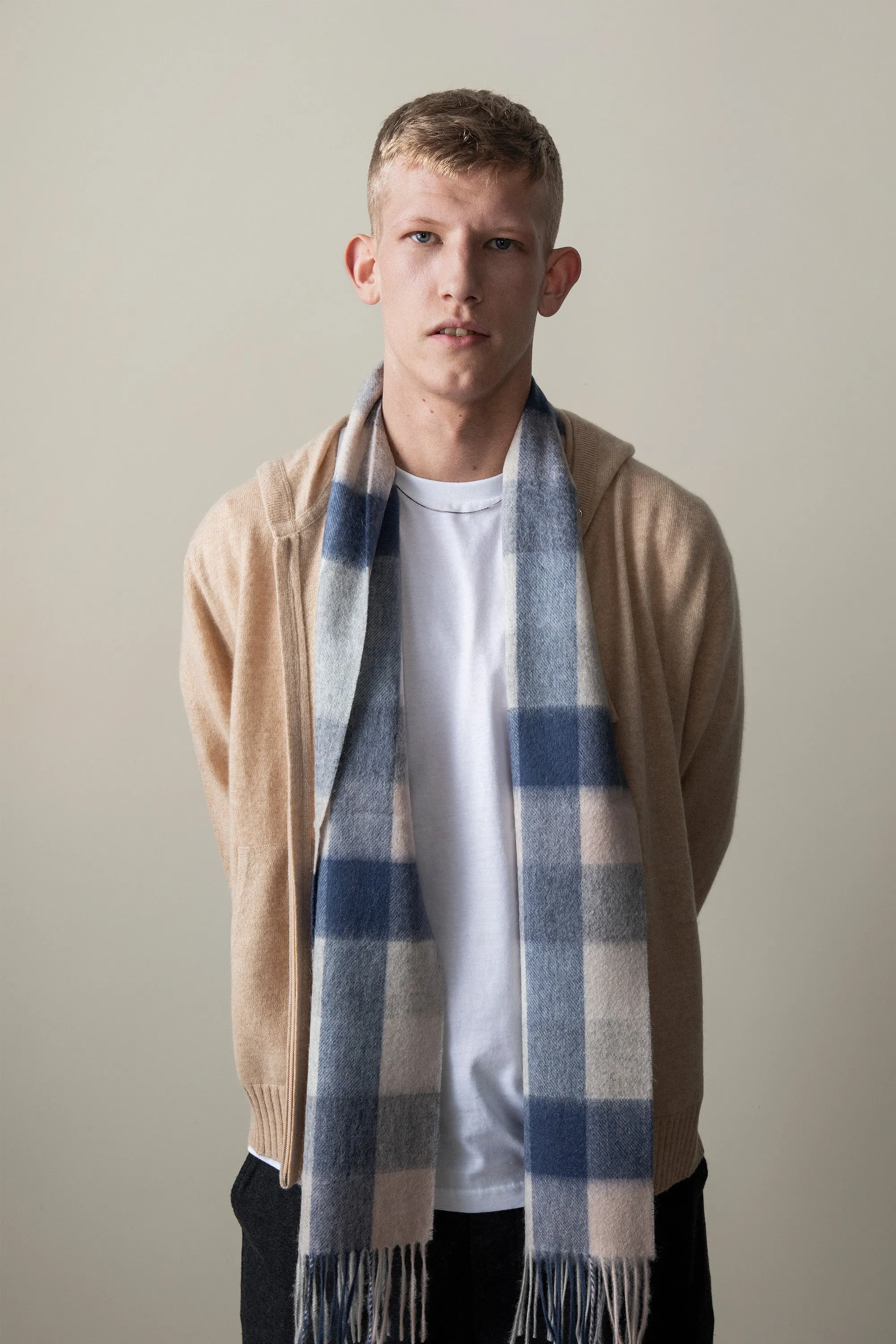 5 Square Check Lambswool Scarf - Swiss Coffee