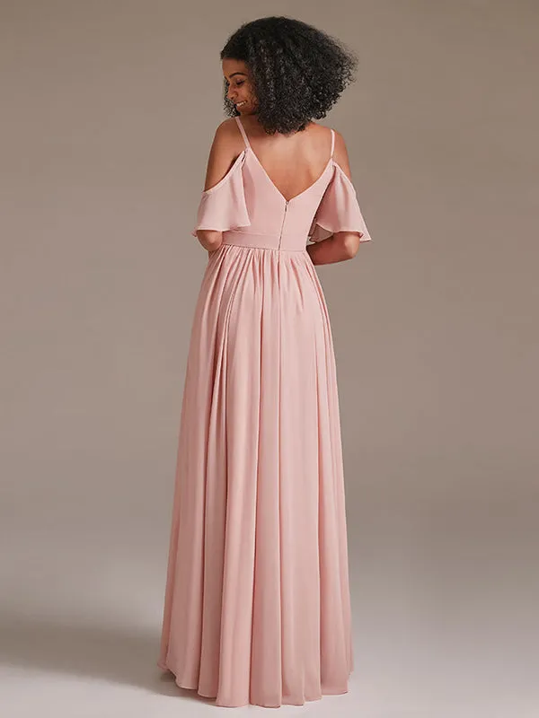 Cold Shoulder Pleated Chiffon Formal Bridesmaid Dress