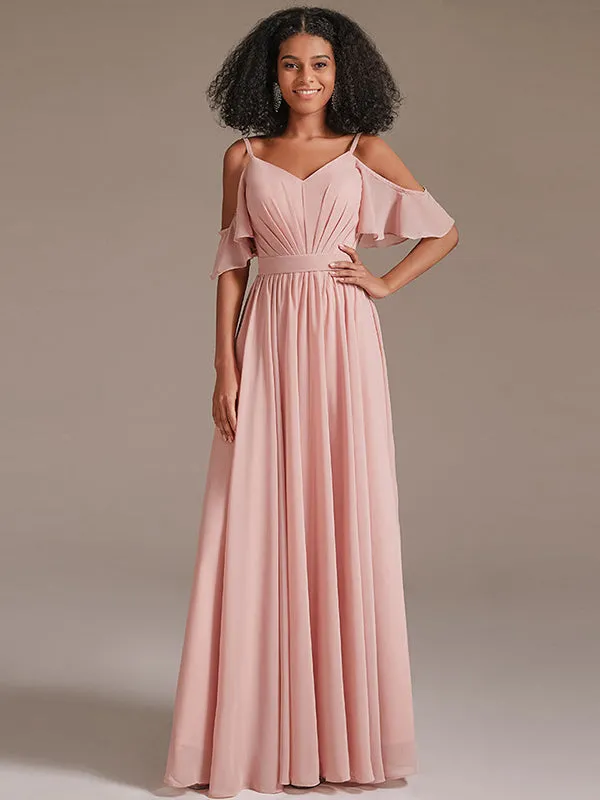 Cold Shoulder Pleated Chiffon Formal Bridesmaid Dress