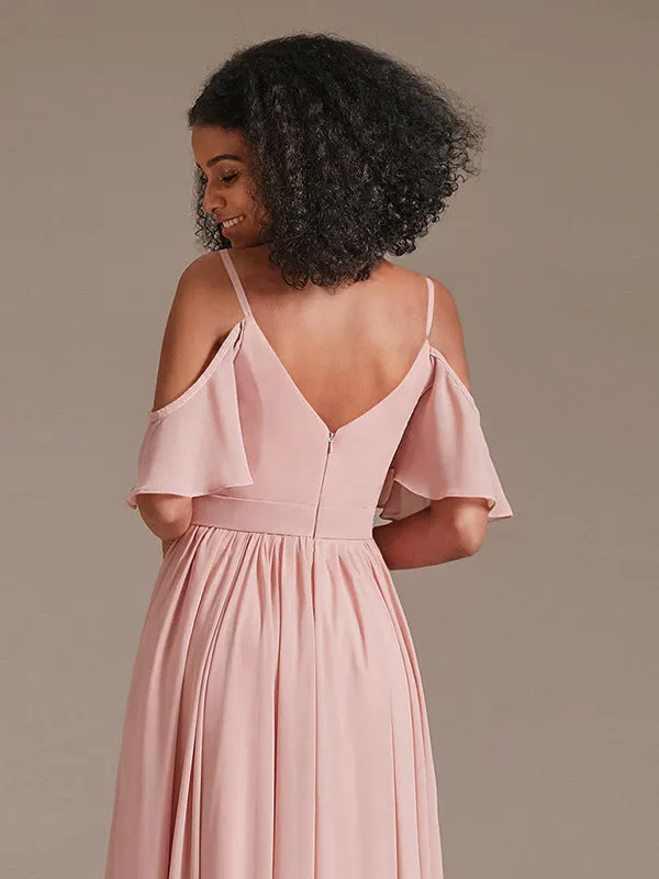 Cold Shoulder Pleated Chiffon Formal Bridesmaid Dress