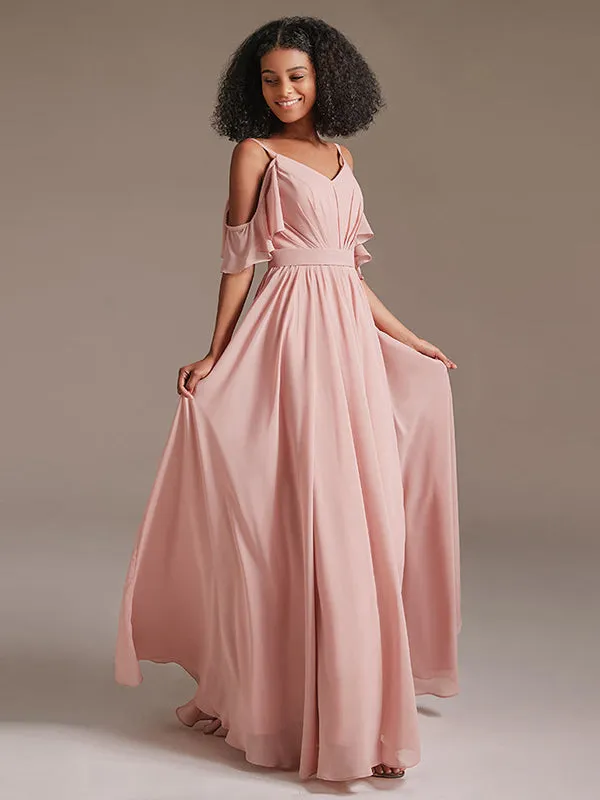 Cold Shoulder Pleated Chiffon Formal Bridesmaid Dress