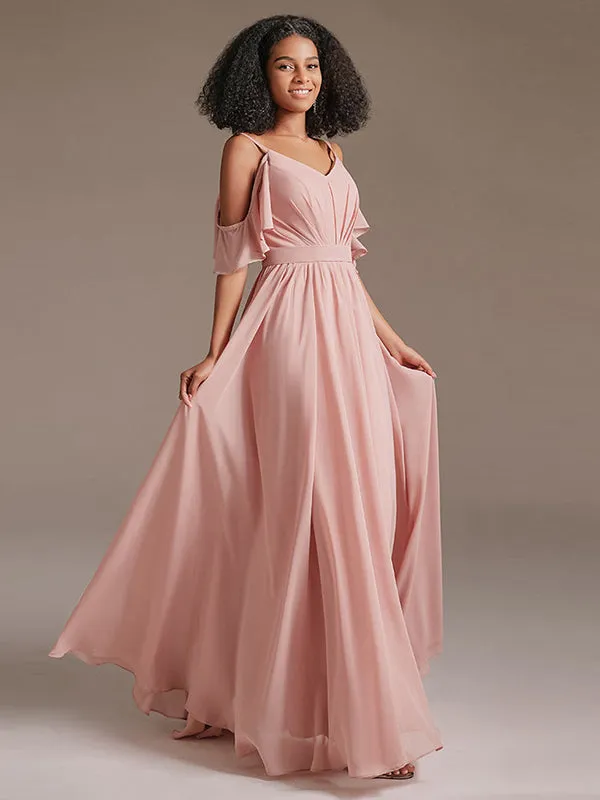 Cold Shoulder Pleated Chiffon Formal Bridesmaid Dress