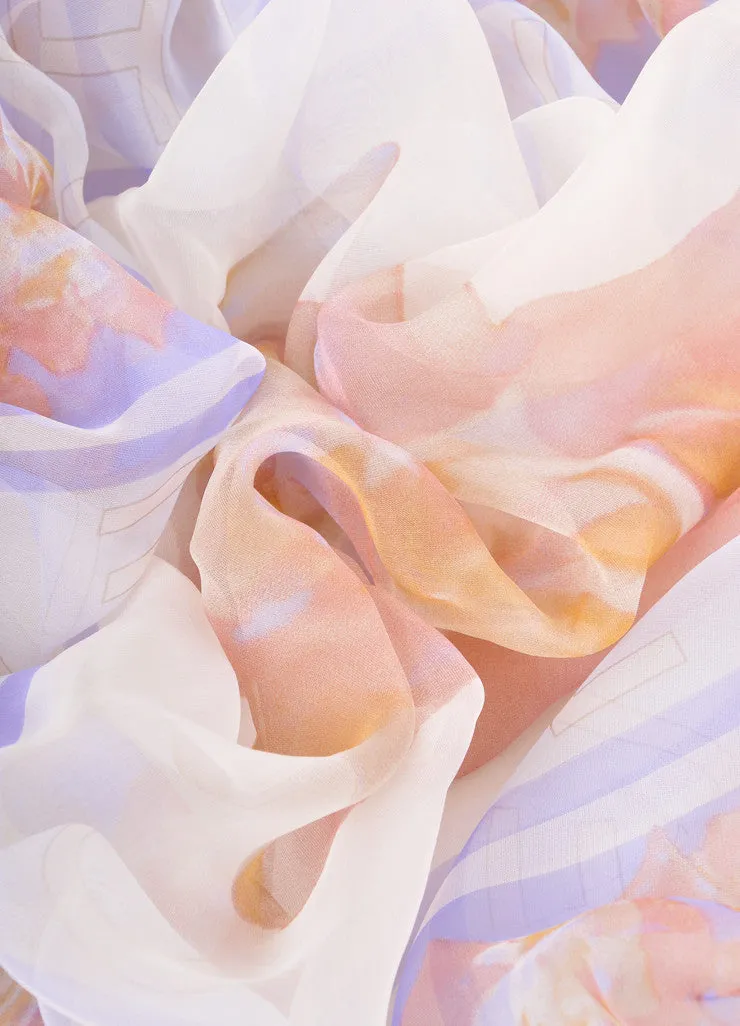 Cream and Multicolor Sheer Silk Floral Print Scarf