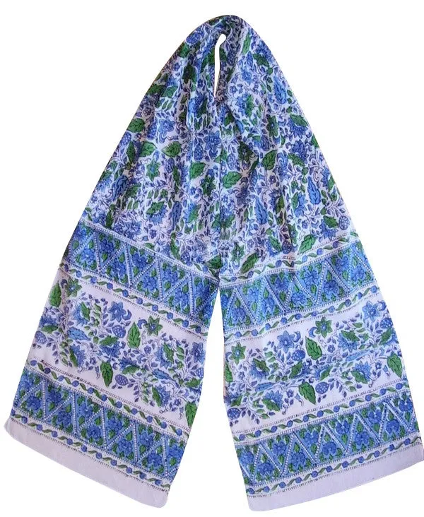 Floral Block Print Neck Scarf Soft Light Cotton 72 x 15 Blue & Green