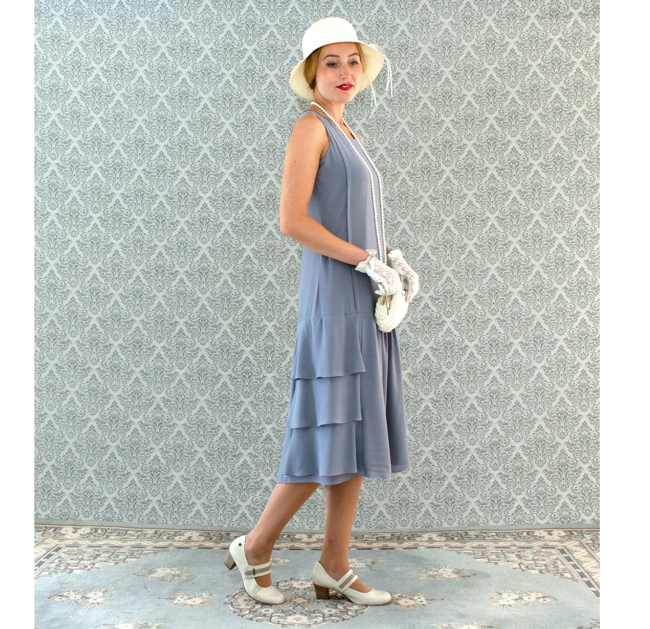 Grey 1920s drop waist dress with tiered skirt