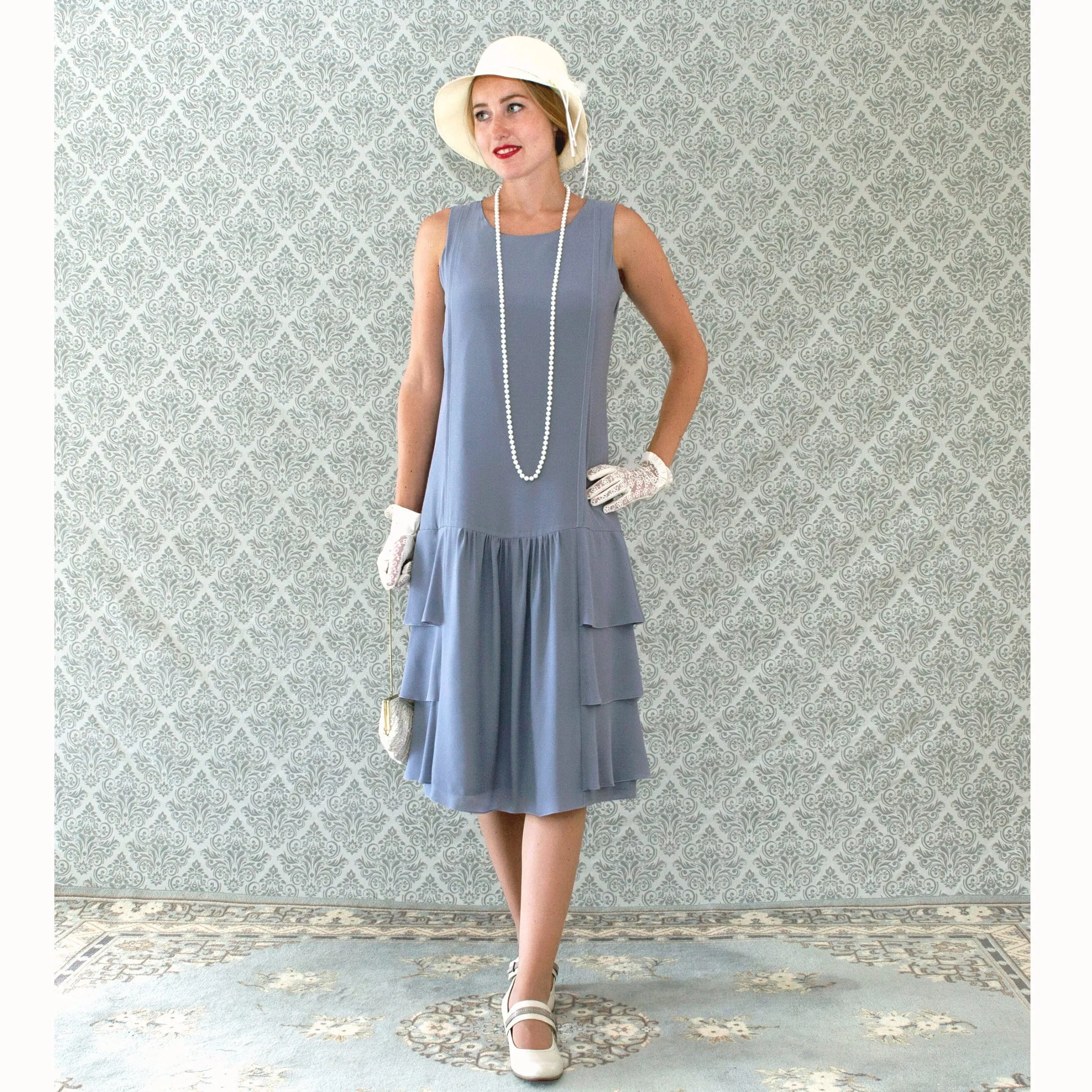 Grey 1920s drop waist dress with tiered skirt