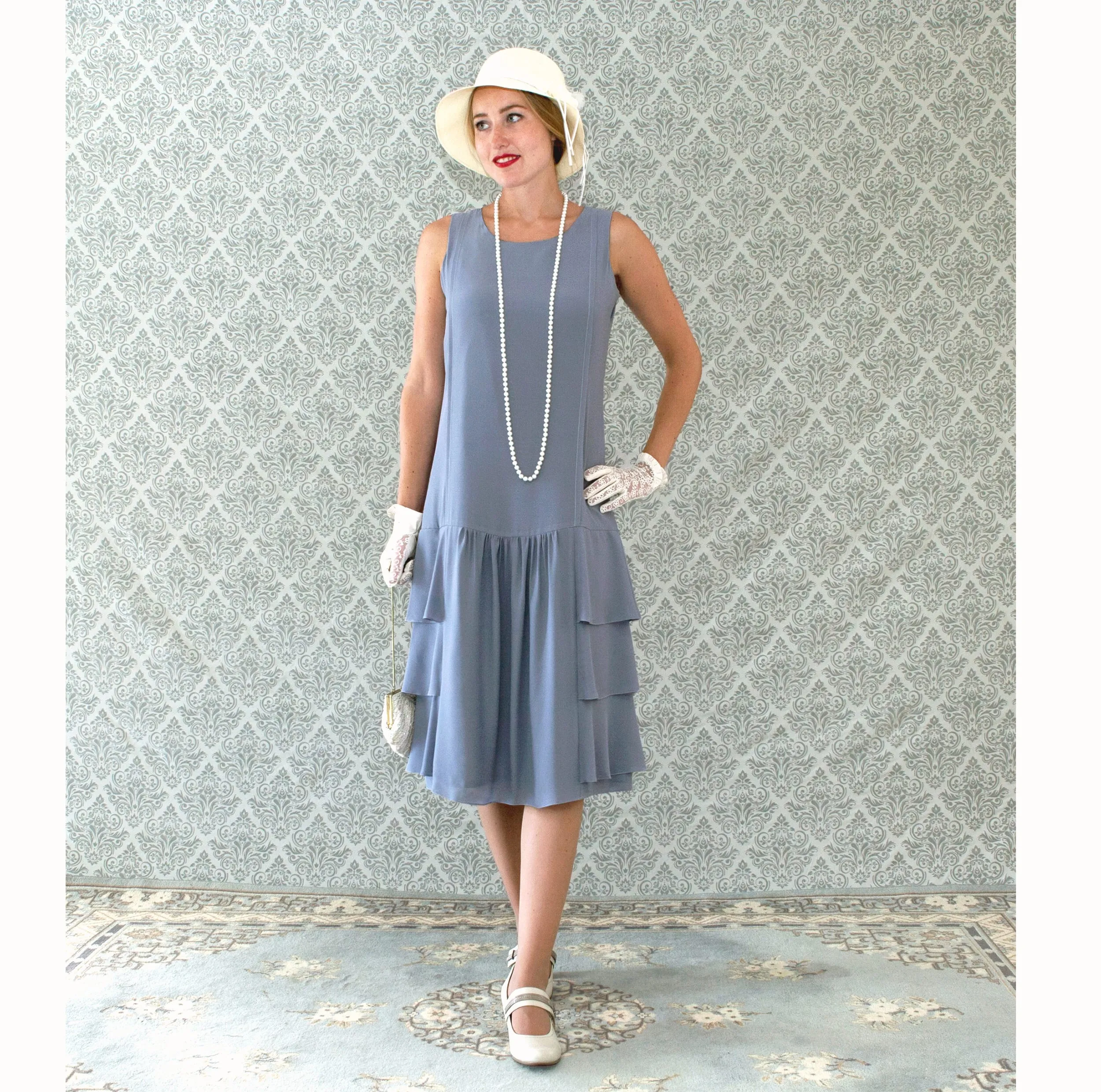 Grey 1920s drop waist dress with tiered skirt