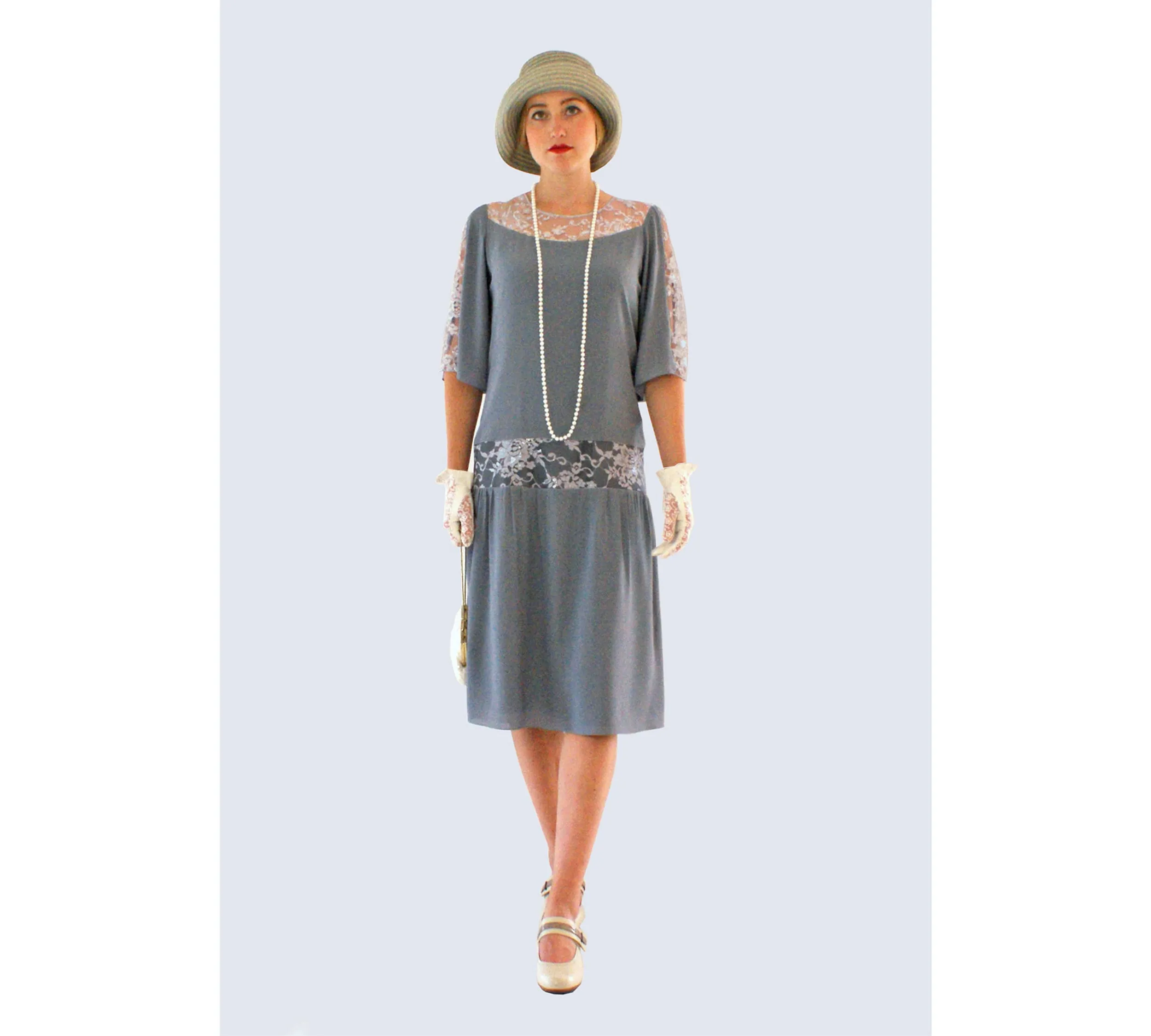 Grey Great Gatsby dress with elbow-length sleeves