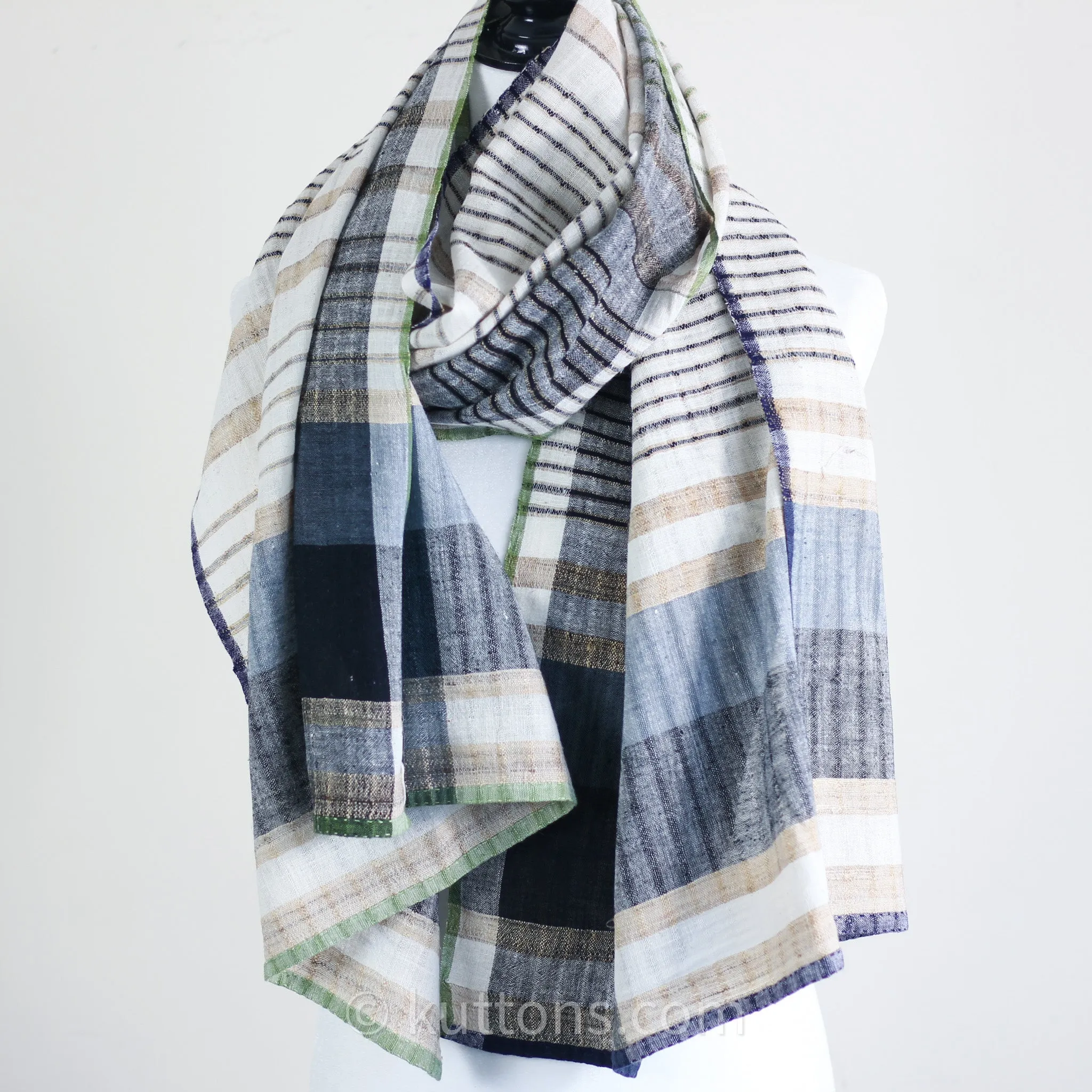 Handspun & Handwoven Organic Cotton Scarf - Light & Airy Stole | Cream-Blue, 24x79"