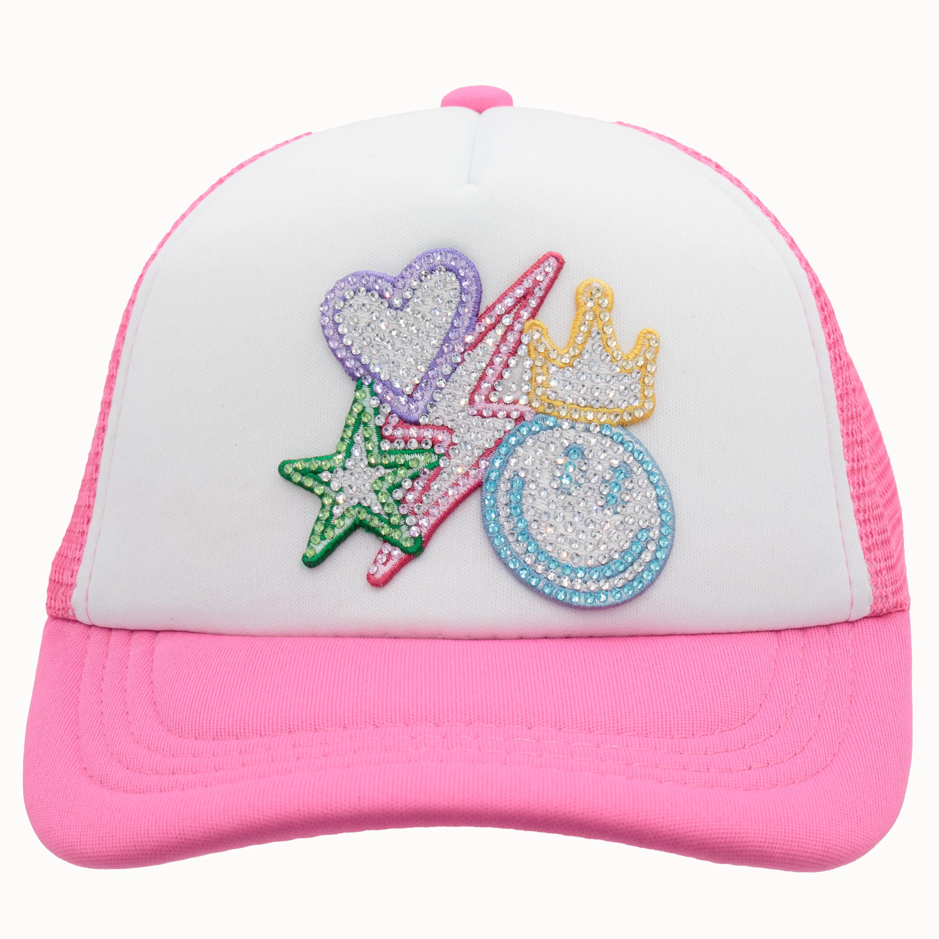 Happy Neon Rhinestone Trucker Cap Youth on Hot Pink