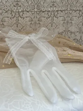 Historically Inspired Sheer Gloves with Lace Bow and Pearl Details in White