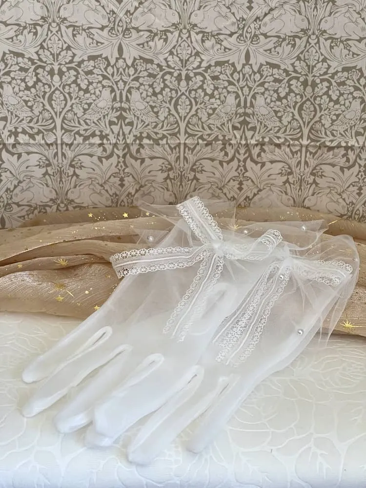 Historically Inspired Sheer Gloves with Lace Bow and Pearl Details in White