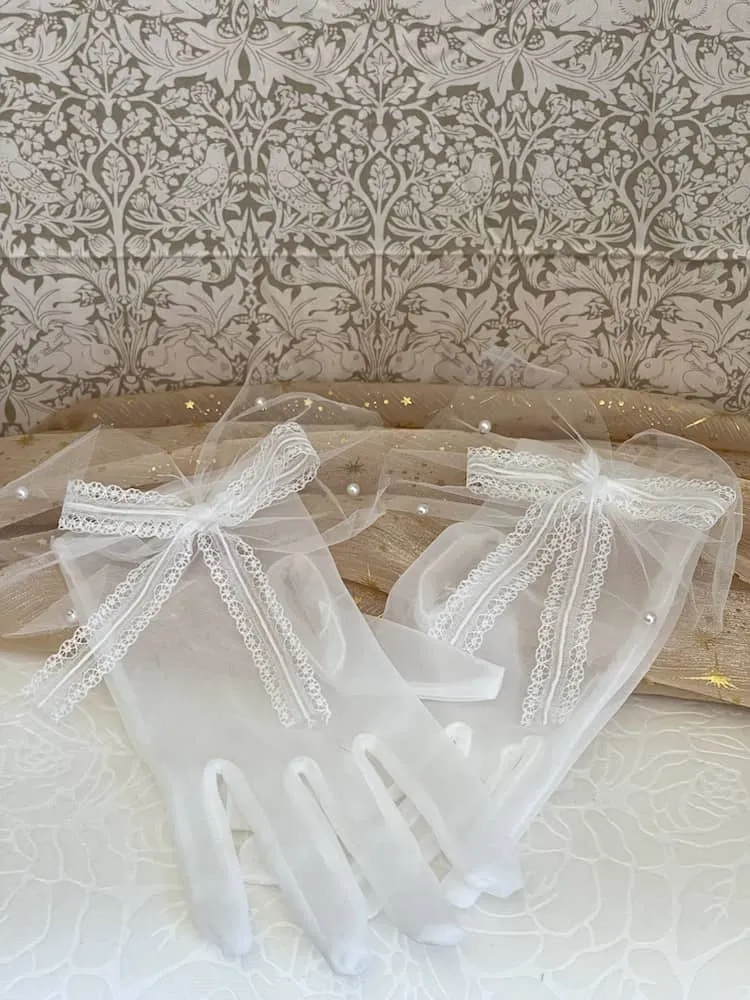 Historically Inspired Sheer Gloves with Lace Bow and Pearl Details in White