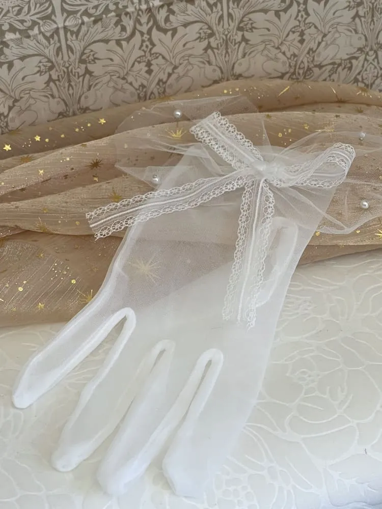 Historically Inspired Sheer Gloves with Lace Bow and Pearl Details in White