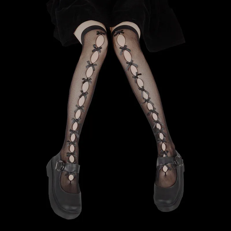 Hollow Lace Bow Girl Black & White Mid Calf Socks