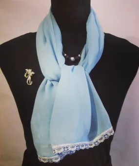 Ladies Baby Blue Chiffon Scarf With Floral Lace Trim