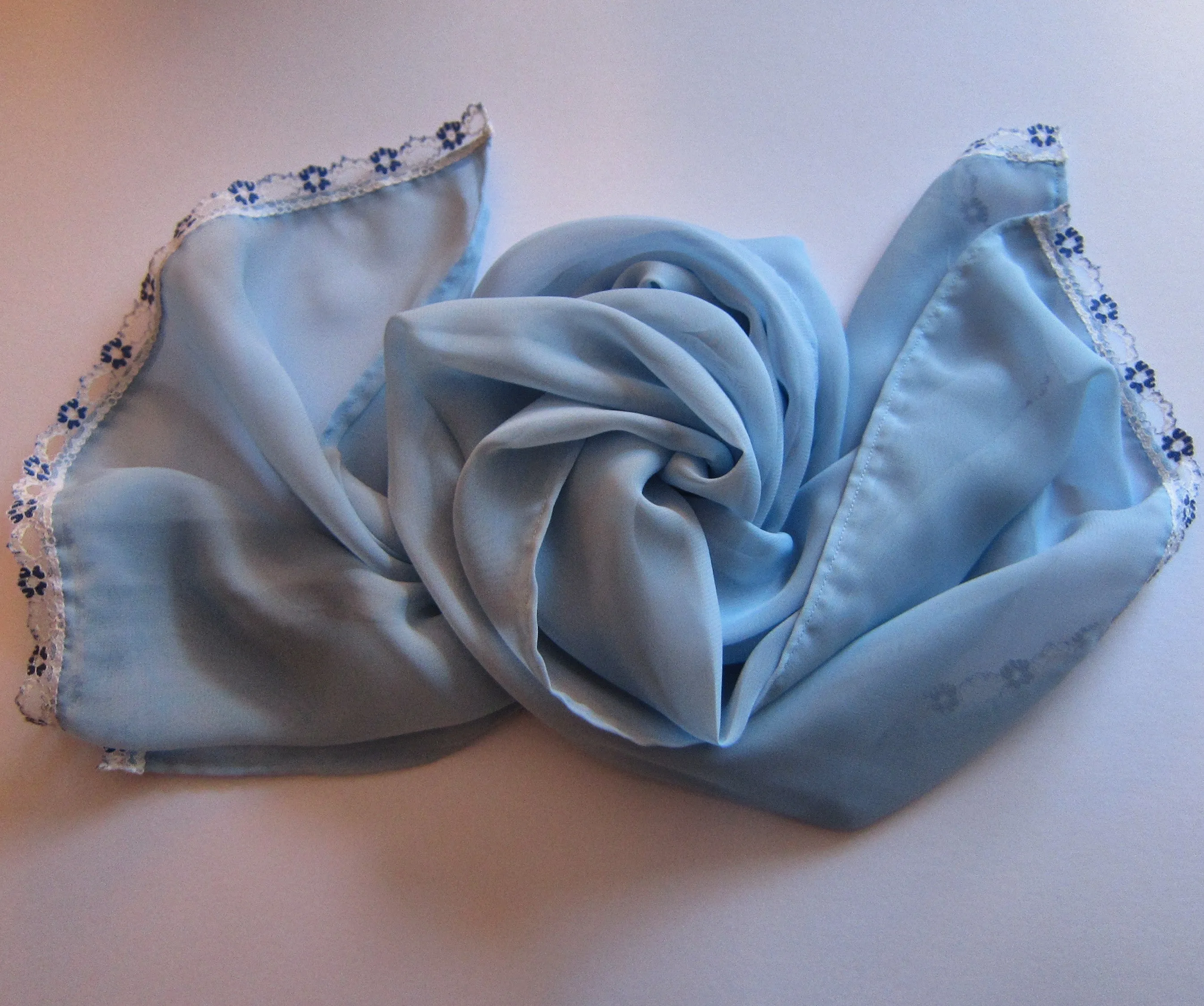 Ladies Baby Blue Chiffon Scarf With Floral Lace Trim