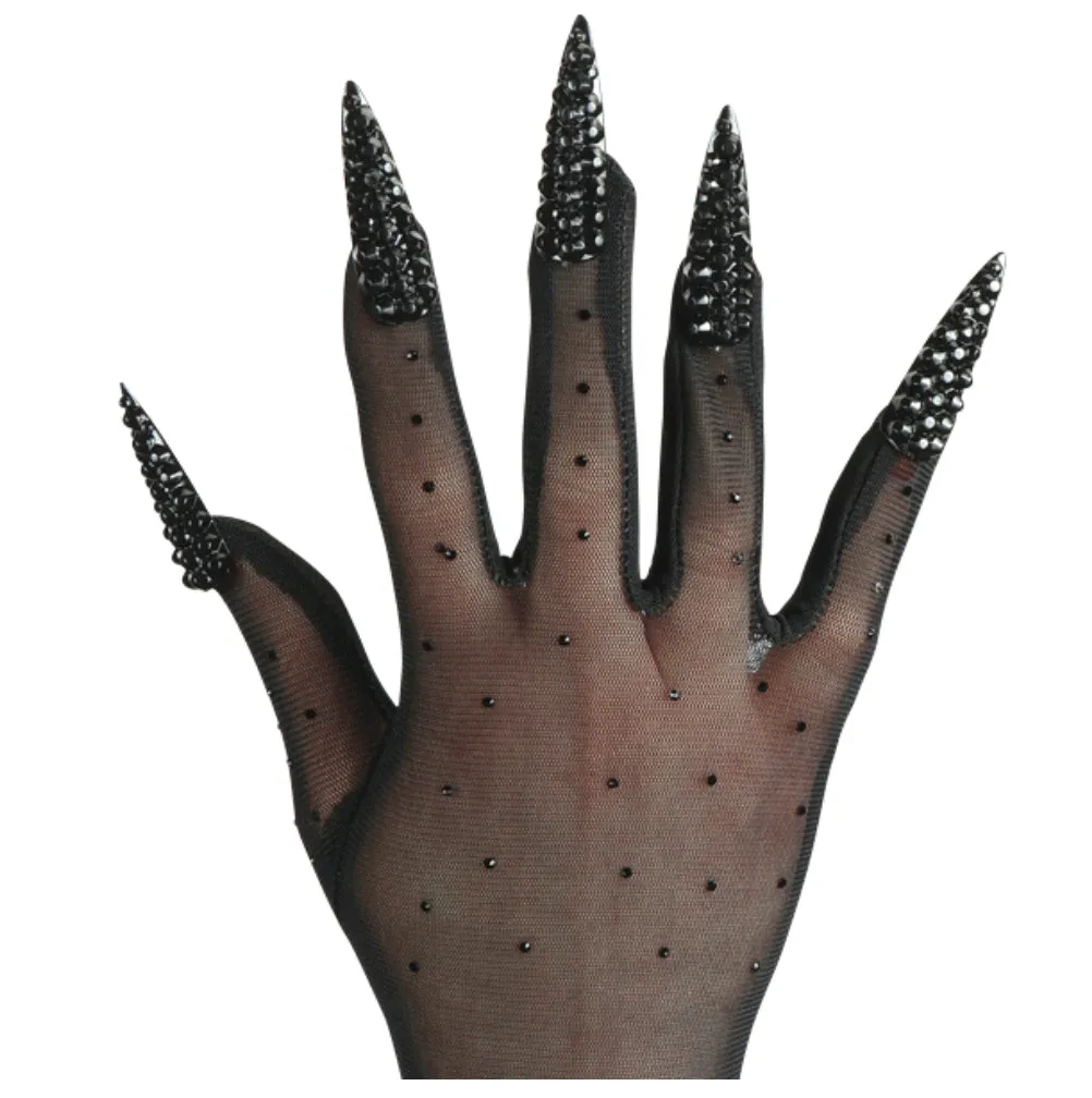 Long Black Jeweled Mesh Gloves with Attached "Claws"