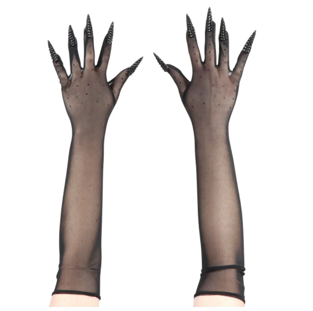 Long Black Jeweled Mesh Gloves with Attached "Claws"