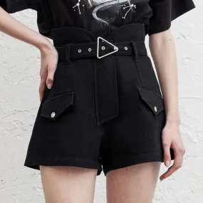 Women's Punk High-waisted Love Heart A-line Black Shorts with Belts